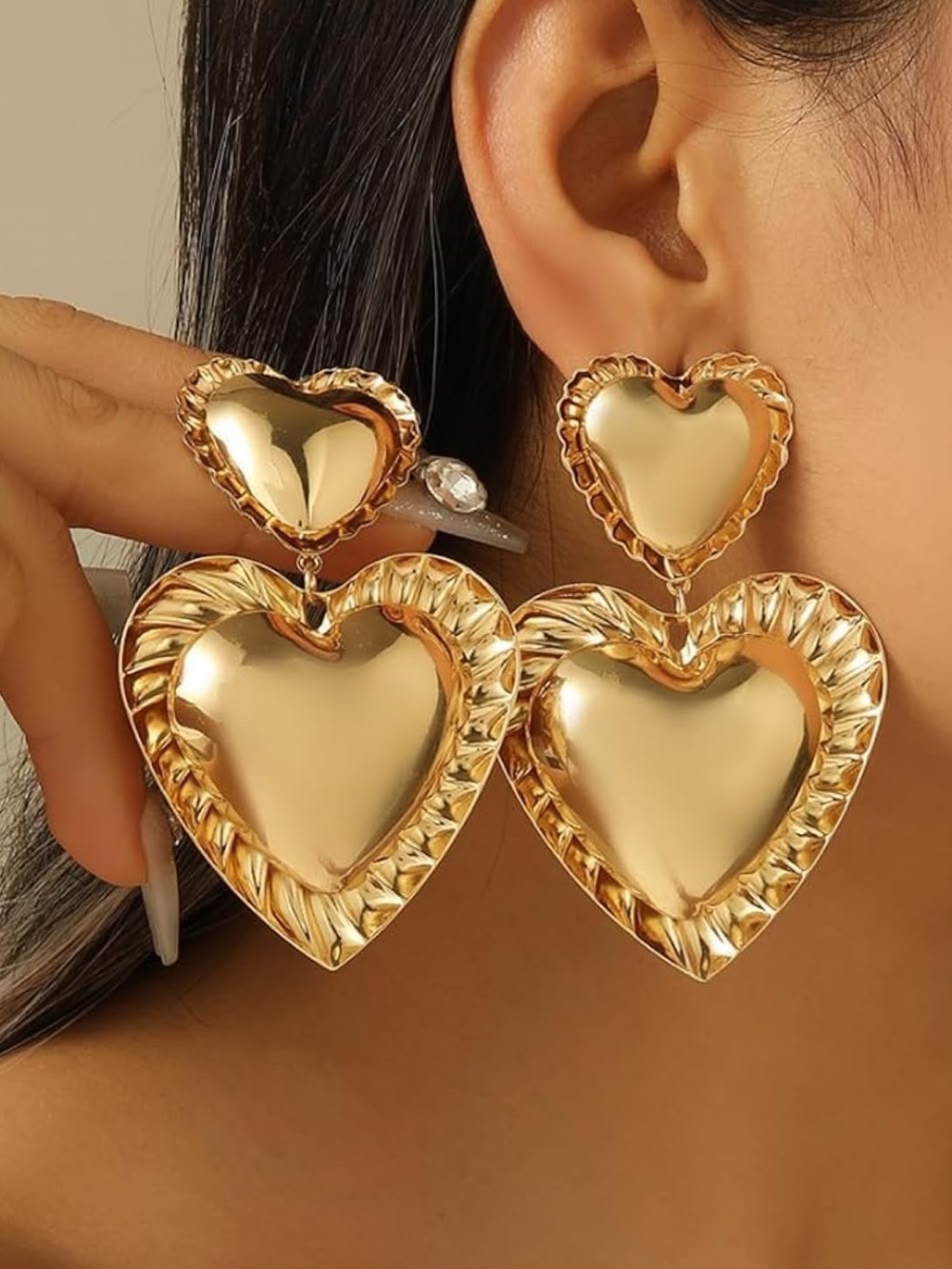 Anthropologie Gold Tone Double Heart Drop Earrings